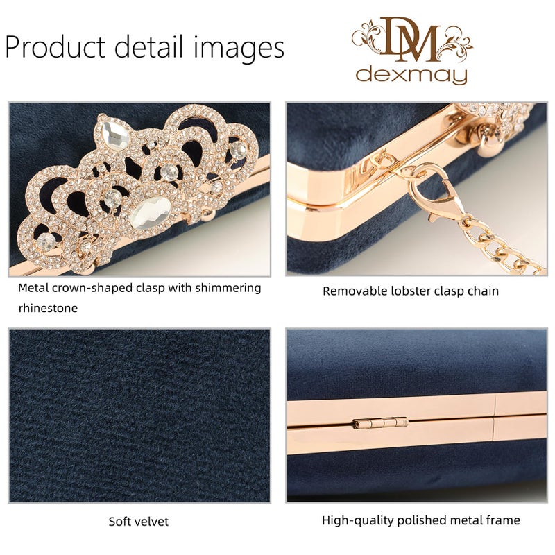 DEXMAY DM Dexmay Velvet Clutch with Rhinestone Crystal Crown Clasp Evening Bag for Formal Party Blue Medium - Image 4